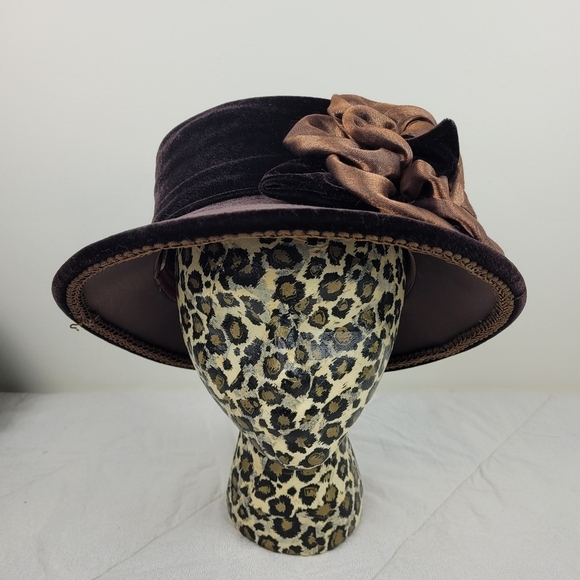 Giovannio Dark Brown Velvet Hat Brim Large Satin Flower Fancy Bucket Coquette OS - Picture 2 of 10